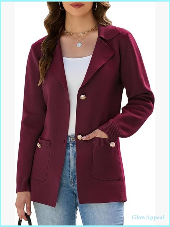 Jackets & Blazers - Lightweight Knit Blazer Long Sleeve Notch Lapel Open Front Pockets Business